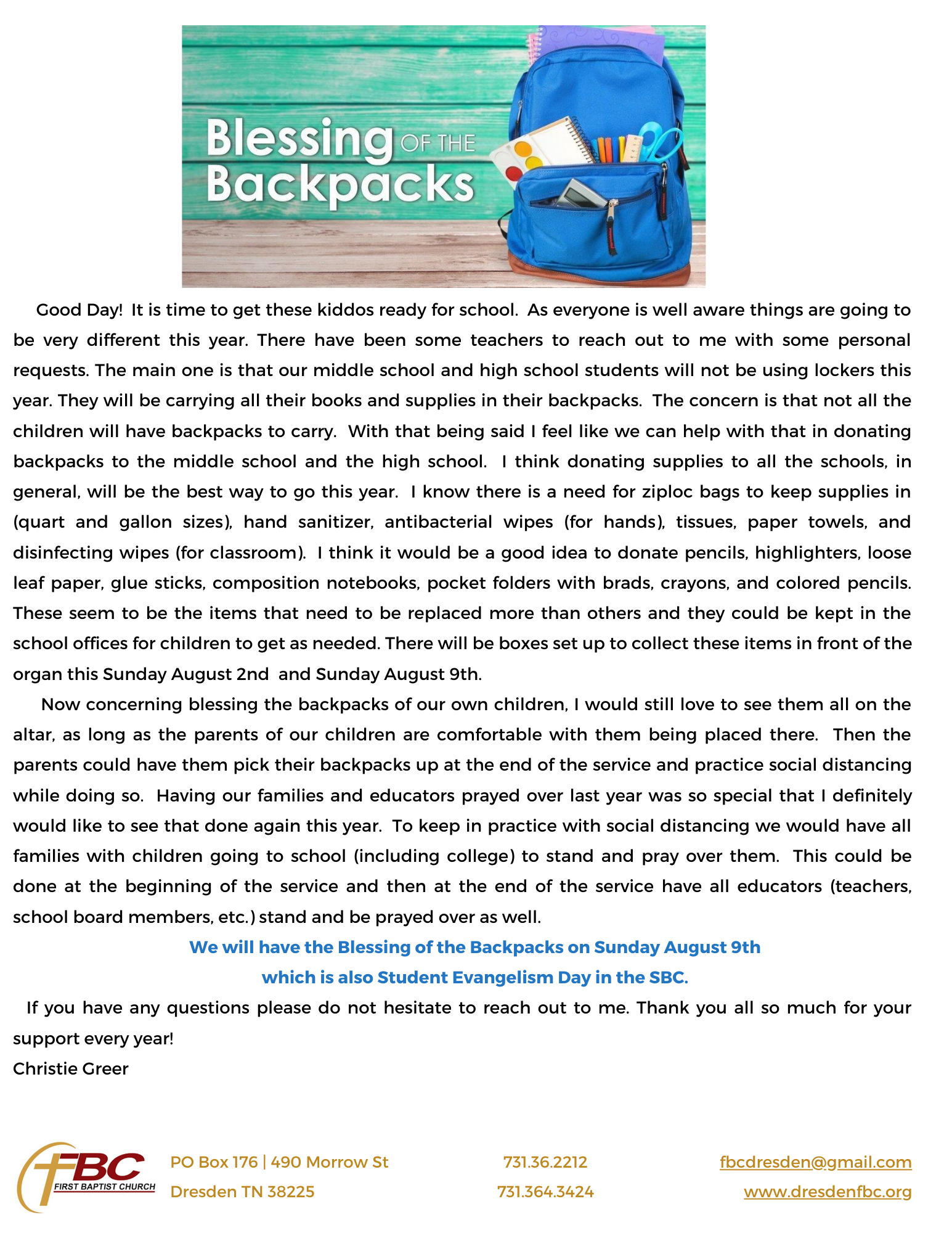 Blessing of the Backpacks Dresden First Baptist